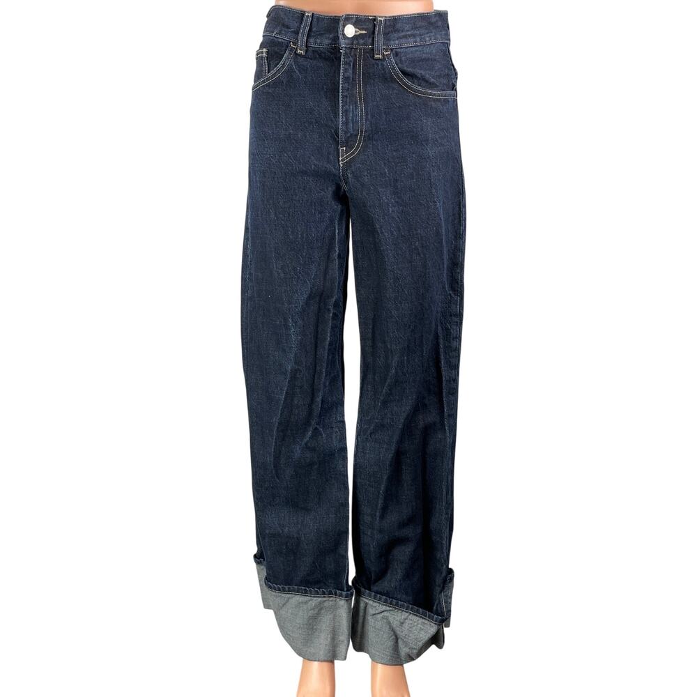 Zara Women's Blue Dark Wash Cuffed High Rise Wide Leg Baggy Denim Jeans Size 0